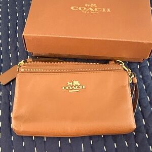 Coach Tan Leather Wristlet with Gold Accents
